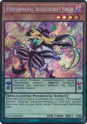 Performapal Skullcrobat Joker (Secret Rare) (LAVD-ENO03), Legendary Arc-V Decks — Yu-Gi-Oh! card price