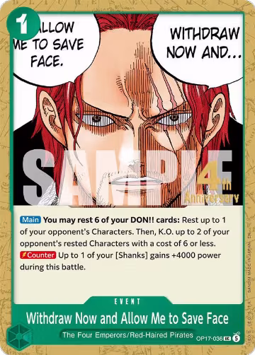 Withdraw Now and Allow Me to Save Face (OP17-036), The World's Strongest Warriors Release Event Cards — One Piece card price