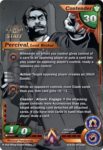 Percival Pendervick, Lead Broker (Staff P) (AC8-035 (P)), Nexus of Power — Alpha Clash card price