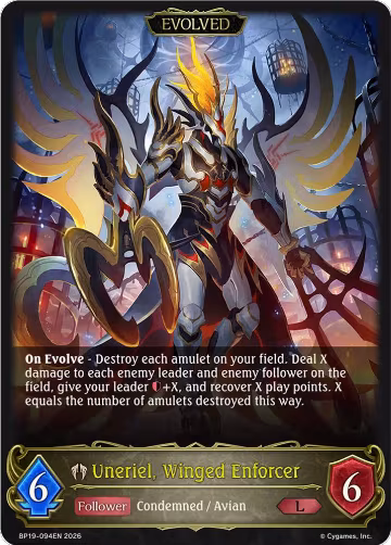 Uneriel, Winged Enforcer (Evolved) (BP19-094EN), Eightfold Retribution — Shadowverse card price