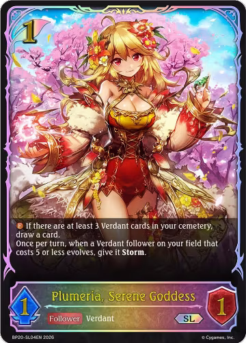 Plumeria, Serene Goddess (SL) (BP20-SL04EN), Omens and Heirs — Shadowverse card price