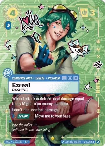 Ezreal, Dashing (Heartsteel Overnumbered) (180/167), Radiance — Riftbound card price