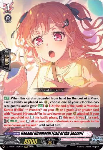 Nanami Hiromachi [Call of the Secret!] (DZ-TBP01/028EN), DZ-TBP01: BanG Dream! Girls Band Party! — Vanguard card price