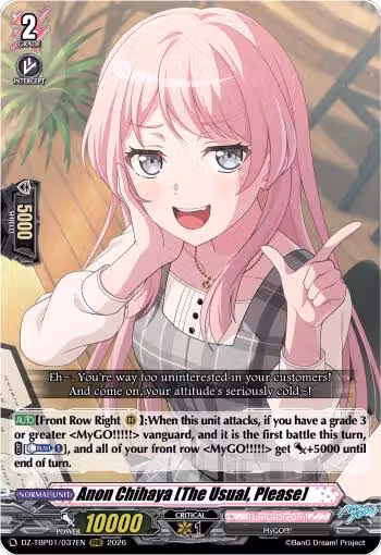 Anon Chihaya [The Usual, Please] (DZ-TBP01/037EN), DZ-TBP01: BanG Dream! Girls Band Party! — Vanguard card price